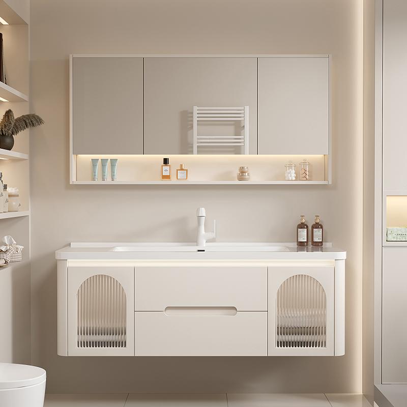 奶油风橡木浴室柜圆角陶瓷一体盆卫生间洗手盆洗脸盆柜组合卫浴柜