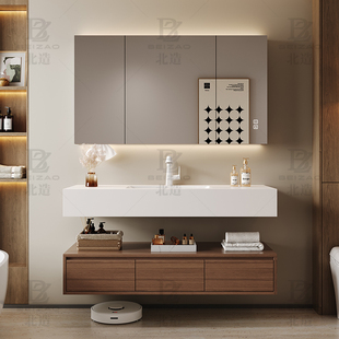 北造新款中古风岩板热弯一体盆洗漱台组合卫生间浴室柜洗手洗脸盆