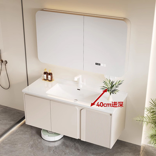 40进深陶瓷一体盆浴室柜组合小户型奶油风卫生间洗手洗脸盆洗漱台