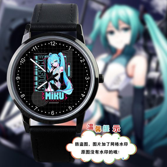 2024新款初音MIKU DECO27同款黑色防水指针式石英表学生手表定制