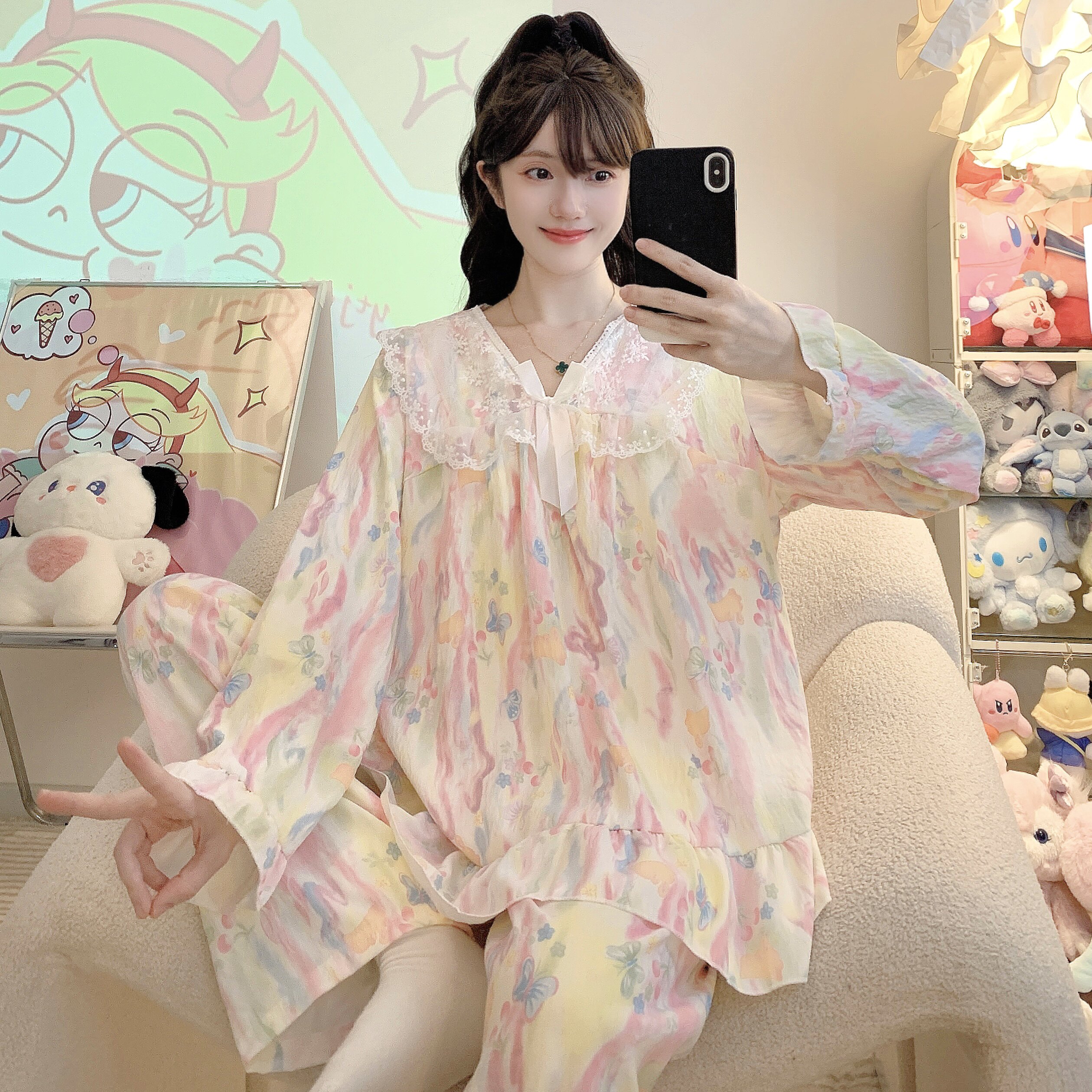 秋季新款卡通码宽松加肥加大套装睡衣云朵棉家居服套装