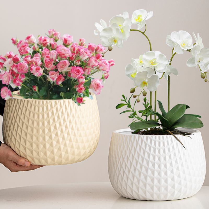 花盆陶瓷带托盘北欧轻奢花器家用大号透气盆景盆阳台室内装饰摆件