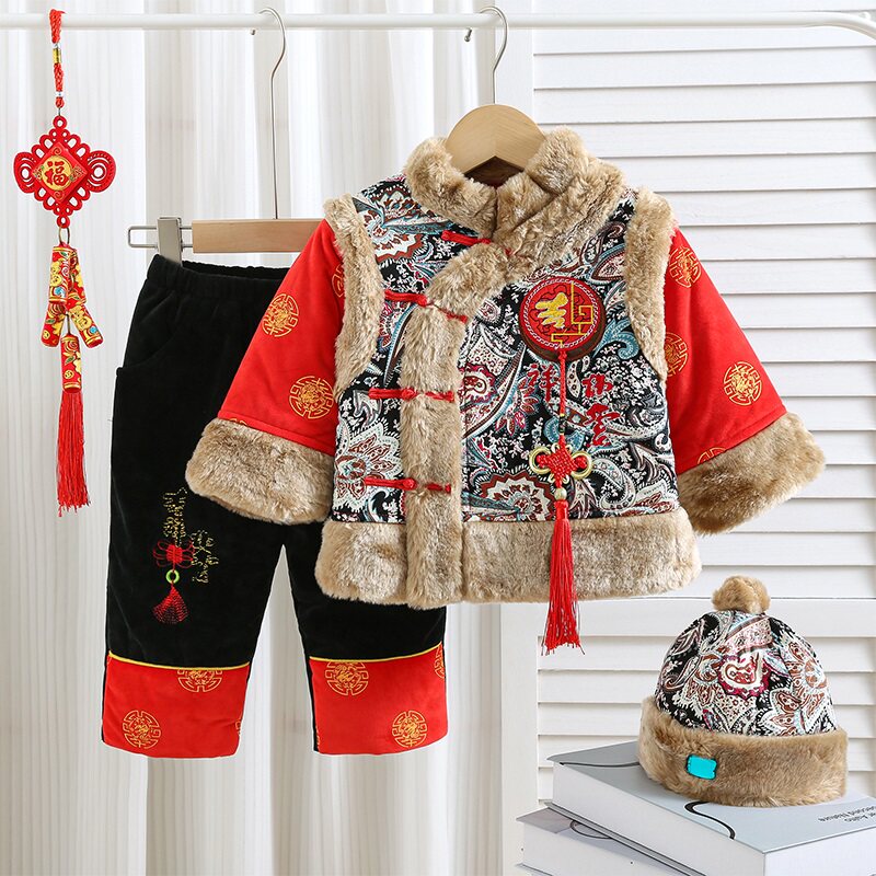 儿童唐装冬款棉衣宝宝拜年服一周岁小孩生日抓周礼服加厚冬装套装
