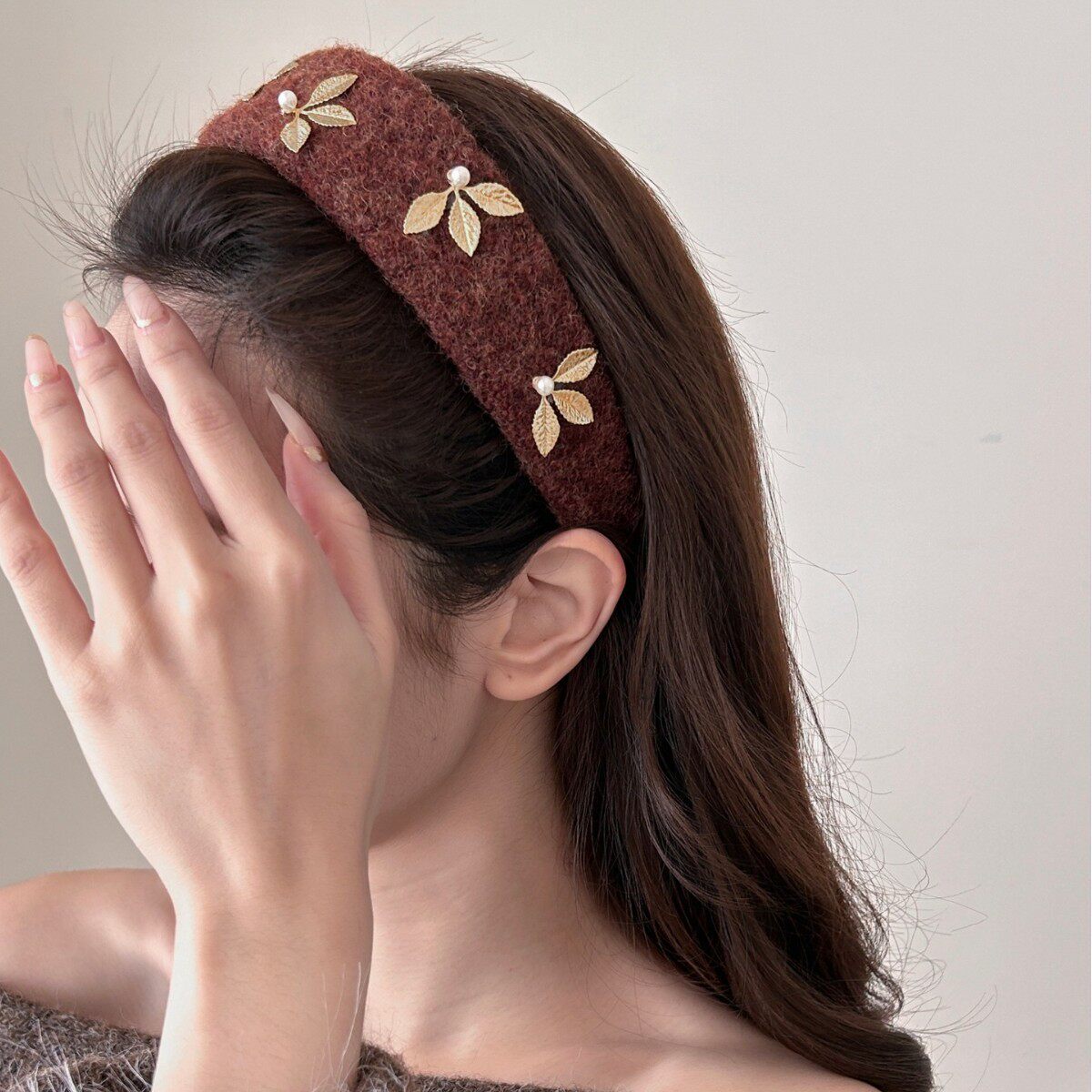 韩系复古美拉德毛呢金叶子发箍女感洋气时尚头箍日常外戴发饰