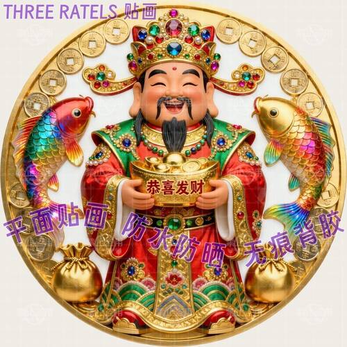 财神锦鲤恭喜发财贴画大门贴家居墙上冰箱贴纸喜庆新年画招财装饰