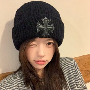 GN韩版 加厚保暖堆堆帽毛线帽 小众百搭素颜十字架冷帽针织帽秋冬季