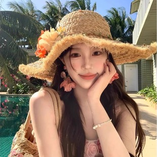 GN仿拉菲草2025新款 花朵帽子海边度假沙滩帽大帽檐遮阳防晒帽 夏季