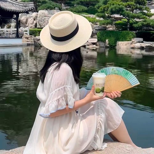 GN法式平顶草帽女夏季海边沙滩帽