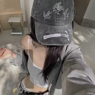 鸭舌帽弯檐帽男女休闲 ins小众天使猫水洗做旧破坏刺绣美式 韩版