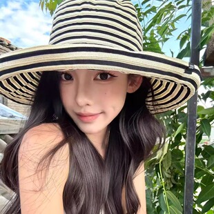 GN韩系复古条纹渔夫帽女夏大帽檐防晒防紫外线太阳帽子户外可折叠