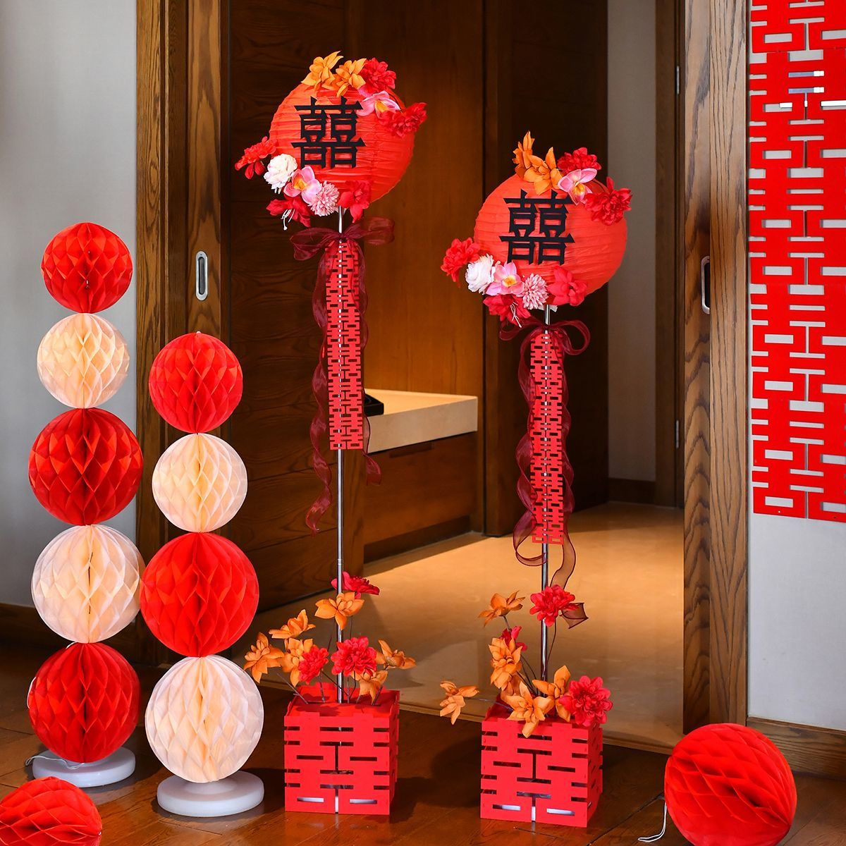 结婚喜字灯笼仿真花立柱