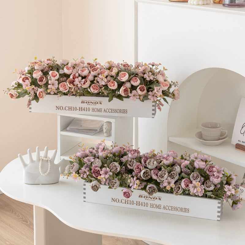 木栅栏长条玫瑰假花北欧式盆栽装饰花艺摆件窗台客厅绢花隔断装饰