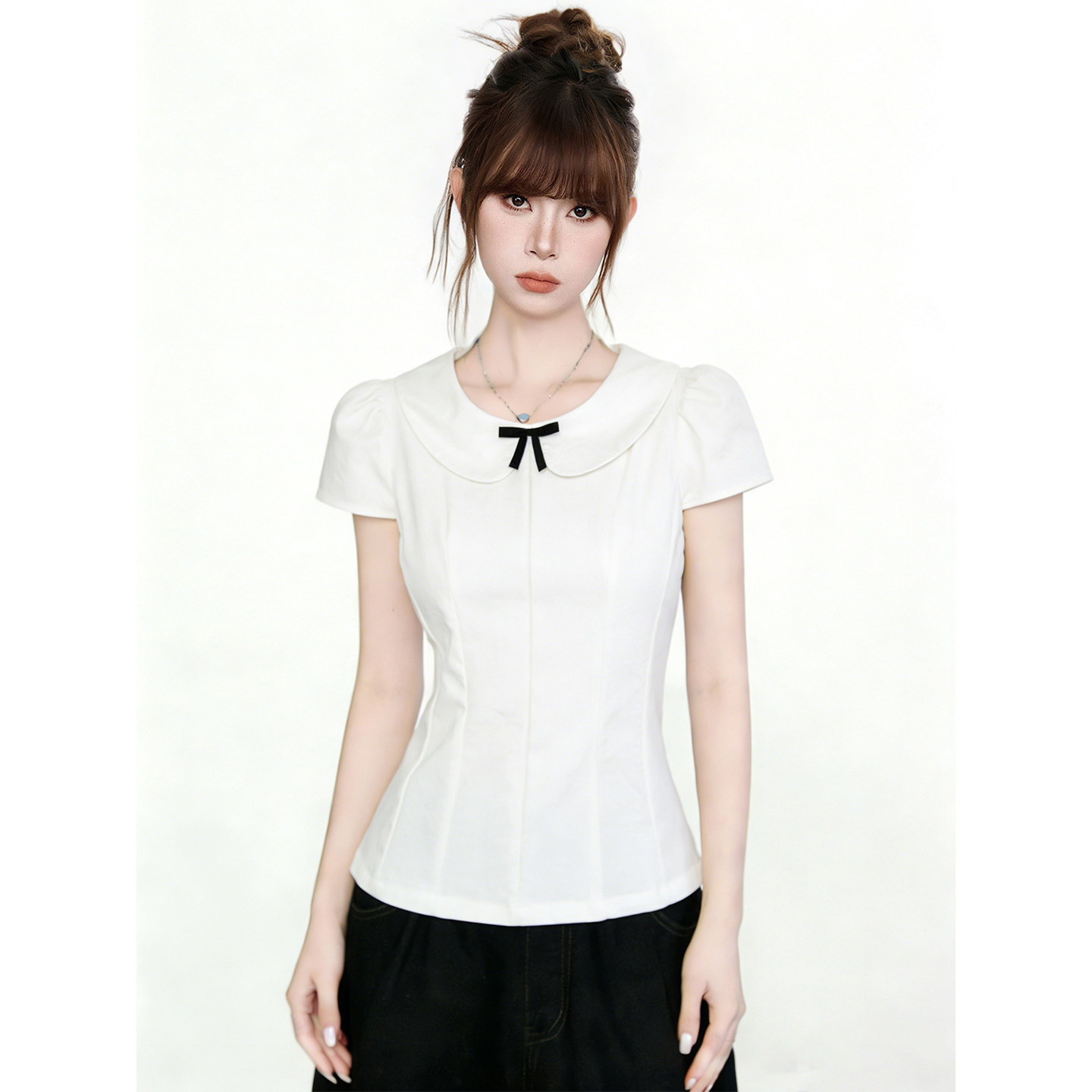 thumbnail for AUDISTY设计感蝴蝶结娃娃领白色正肩修身短袖t恤女夏季甜美小上衣