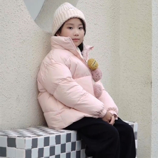 商场同款Abckids女童短款加厚羽绒服粉色连帽面包服蓬松保暖外套
