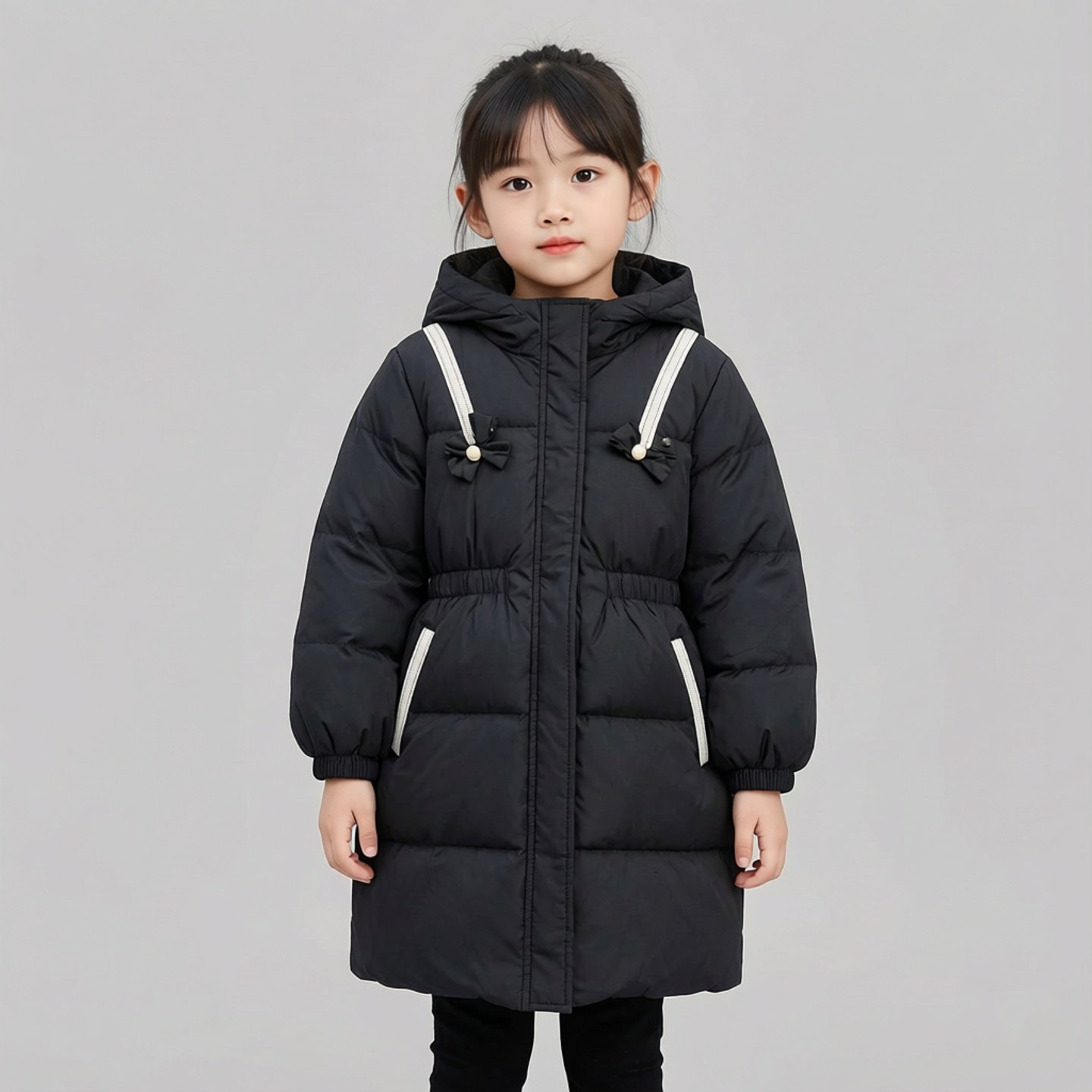 abckids童装冬季女童羽绒服女连帽加厚宽松中长款黑色保暖外套