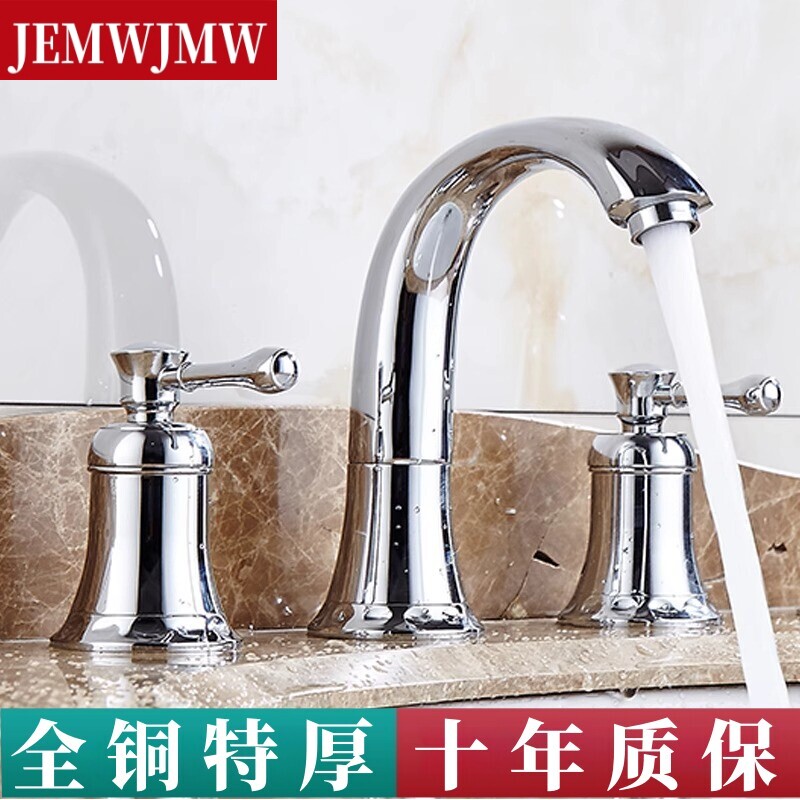 欧式全铜芯三孔面盆水龙头洗脸盆浴室柜三件套分体式冷热水龙头