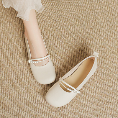 品牌真皮玛丽珍女鞋2025秋季新款仙女配裙子浅口平底软底豆豆单鞋