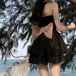 赫本纯欲辣妹风蝴蝶结蓬蓬裙小个子挂脖抹胸性感黑色连衣裙女 夏季