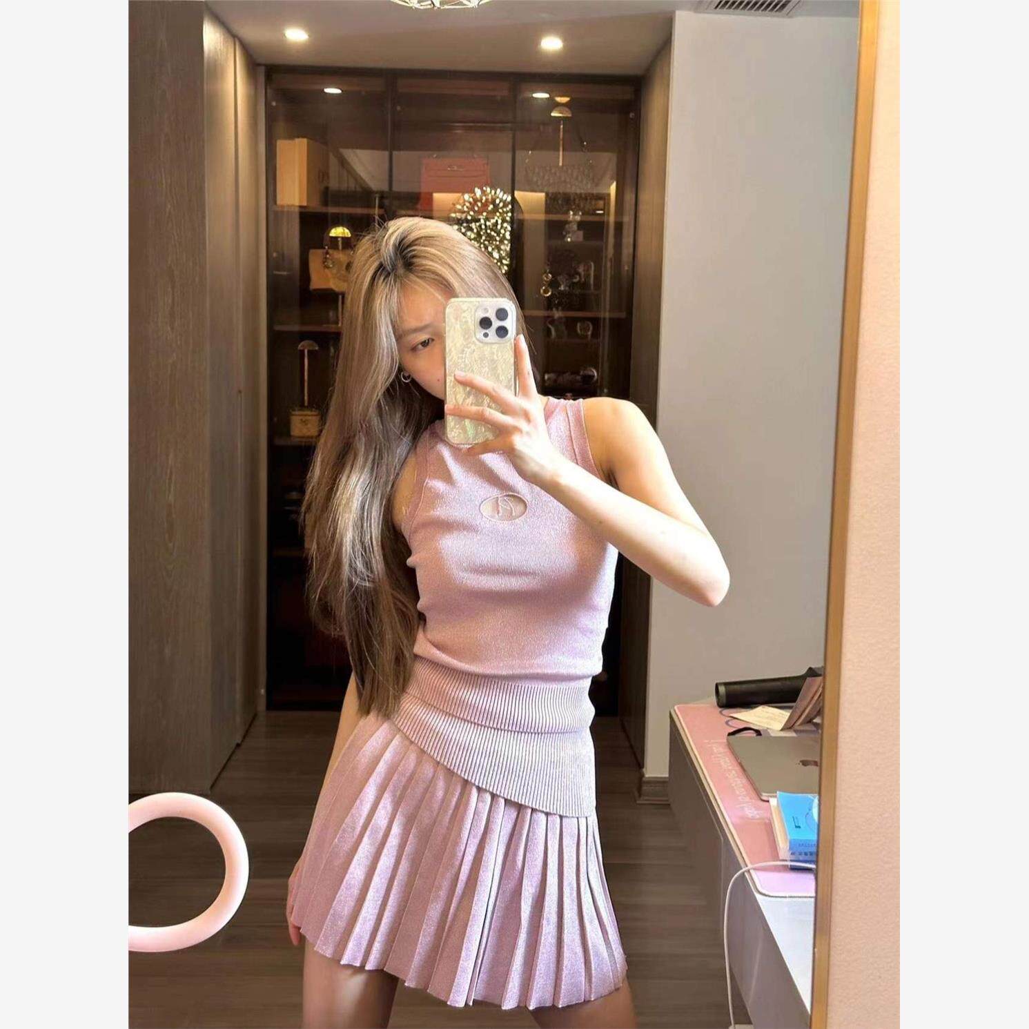 辣妹套装纯色显瘦针织背心上衣女夏季百褶半身裙子炸街短裙两件套