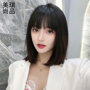 假发女短发自然全头套式真人发丝漫画刘海锁骨发圆脸空气刘海直发