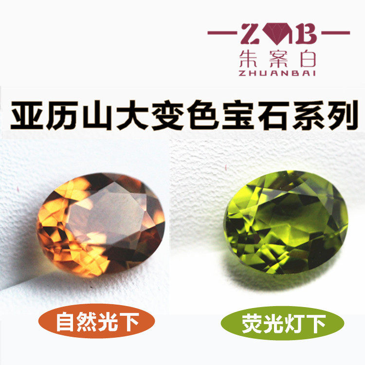 尊贵亚历山大变石金绿宝石自然光下红褐色荧光灯下绿裸石戒面变色