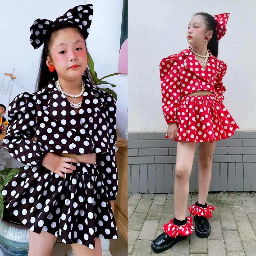 亲子装甜美波点西装四件套2022春秋新蓬蓬百褶裙走秀泡泡袖西装