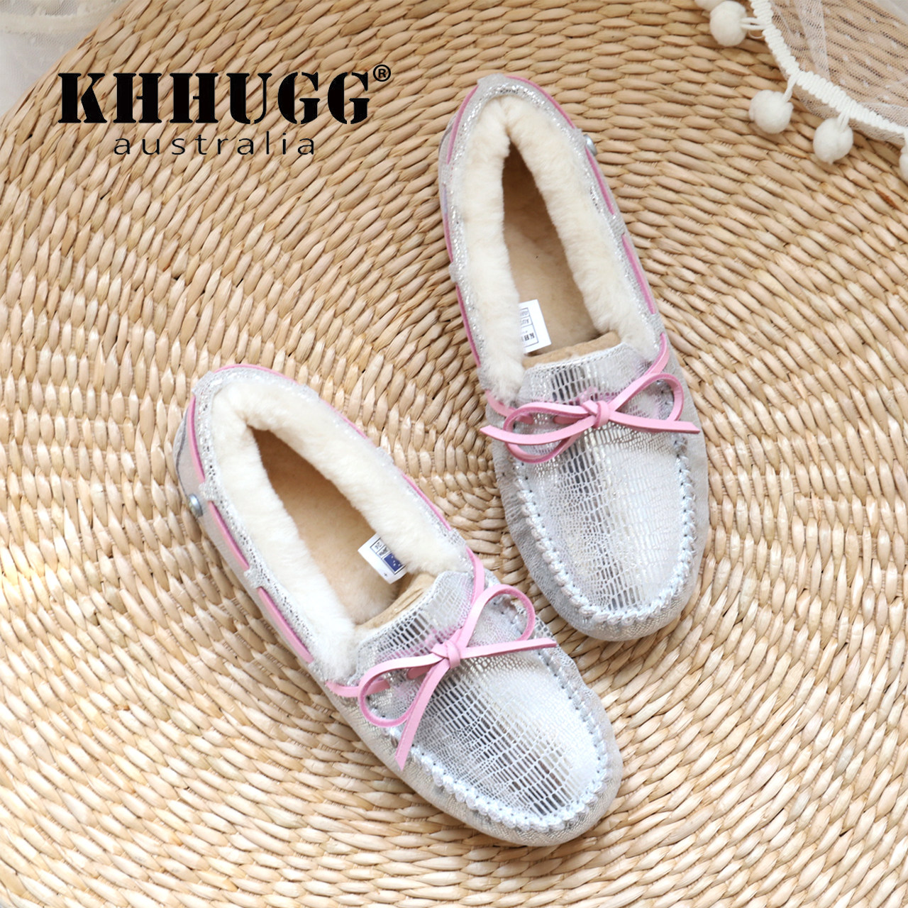 KHHUGG银色亮面豆豆鞋女冬加绒2025新款皮毛一体毛毛棉鞋外穿加绒,女鞋,乐福鞋（豆豆鞋）,淘宝优惠券,粉丝福利购,淘宝优惠卷