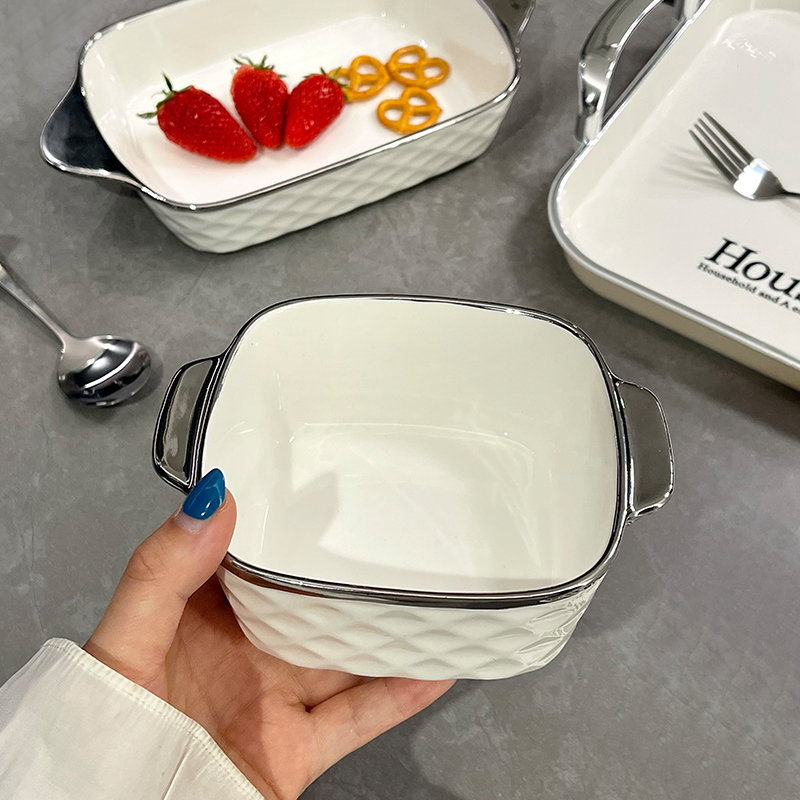 双耳碗陶瓷碗儿童吃饭小碗家用早餐碗学生宿舍盛汤碗水果沙拉碗