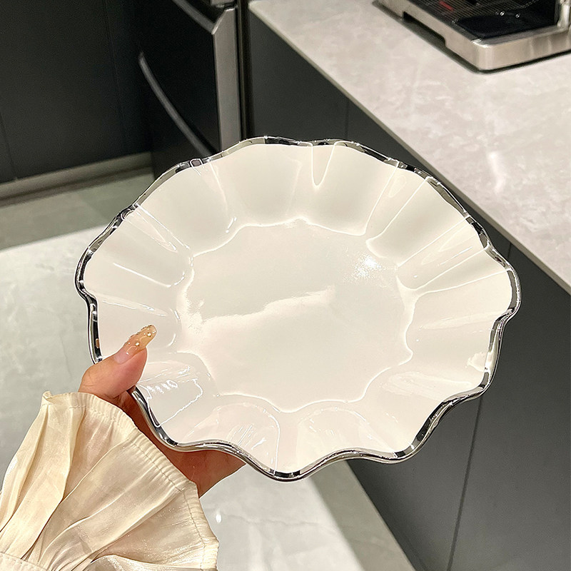 简约小清新陶瓷盘子家用菜盘蒸盘白色银边饺子盘西餐盘鱼盘卤肉盘