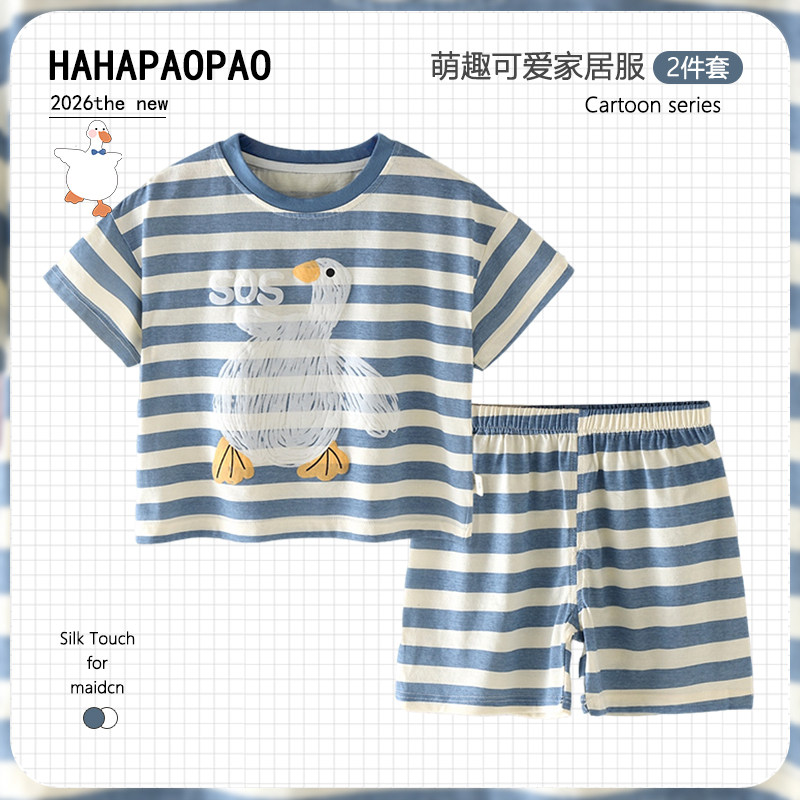 儿童夏季睡衣新款女男童条纹纯棉家居服短袖薄款卡通宝宝韩版套装