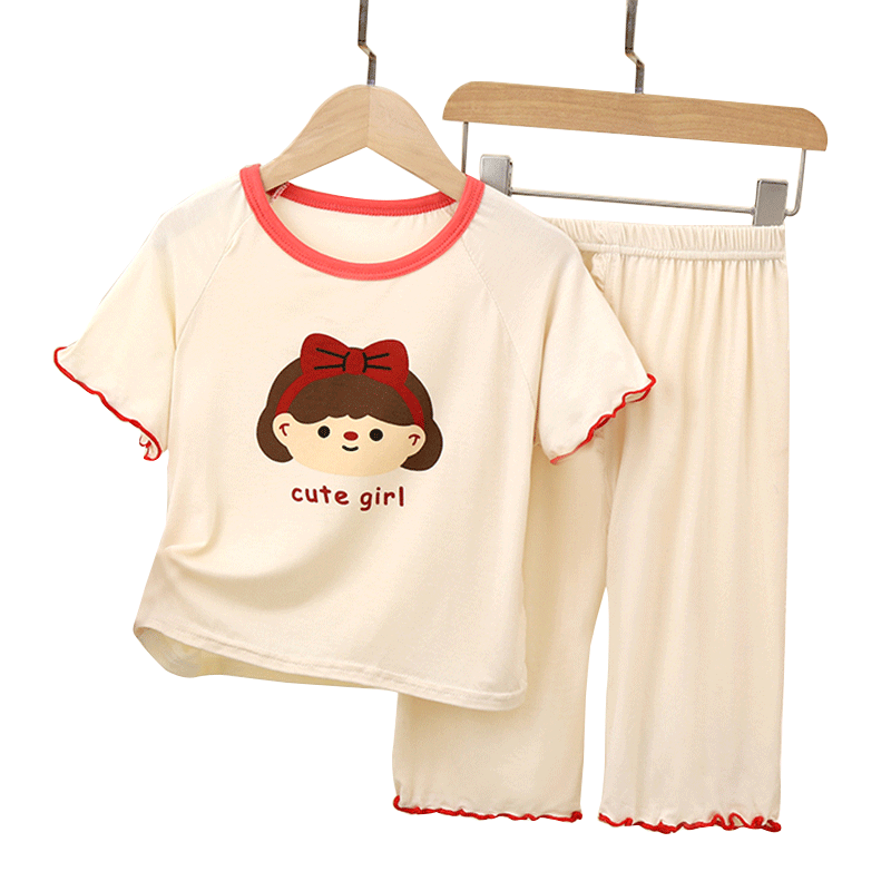 女童莫代尔睡衣儿童薄款宽松花边家居服女宝宝可爱短袖夏季套装