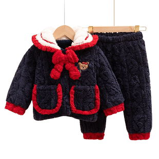 女童睡衣新年冬季儿童加厚三层夹棉拜年女孩宝宝中大童家居服套装