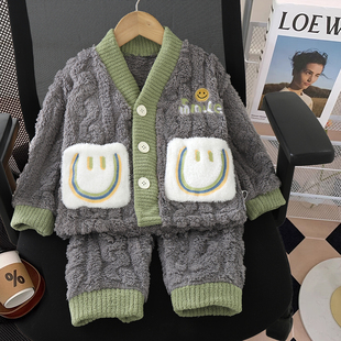 儿童法兰绒加厚睡衣男童秋冬季加绒保暖珊瑚绒开衫宝宝套装家居服