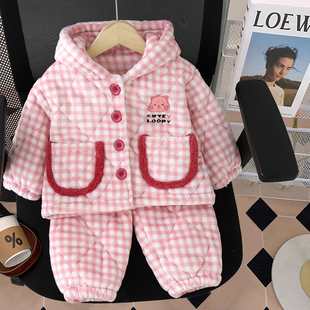 儿童三层夹棉睡衣套装连帽加绒加厚女童宝宝格子韩版冬款家居服新