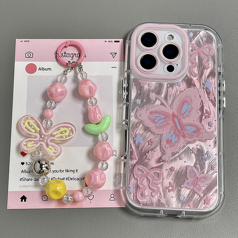 ins韩风羽纱涂鸦粉色蝴蝶适用苹果16手机壳新款iphone15promax外壳14带挂绳13女16pro全包12防摔11圆边保护套