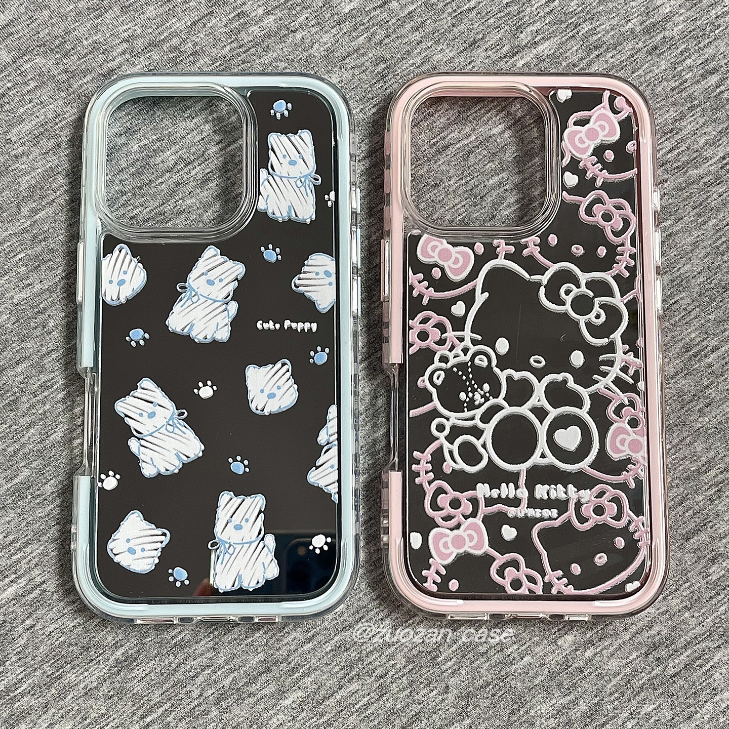 二合一镜面韩风卡通小狗线条KT猫适用苹果16promax手机壳iphone15pro新款14创意13女16pro全包12防摔手机套