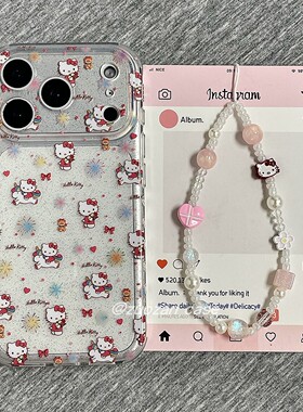 ins韩风卡通烟花KT猫适用苹果17promax手机壳iphone16pro新款15透明闪粉14双层13女17p/pm镜头全包防摔保护套