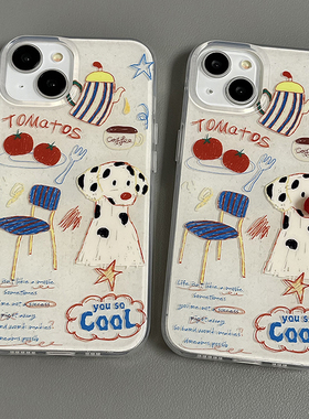 小众卡通涂鸦斑点狗适用苹果15promax手机壳iPhone14新款13pro少女14promax双层imd全包15防摔15PM保护套16PM