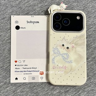 ins韩风米底蝴蝶结猫咪适用苹果17promax手机壳iphone16pro新款 14仿皮纹13女15pro高级感17p全包防摔保护套