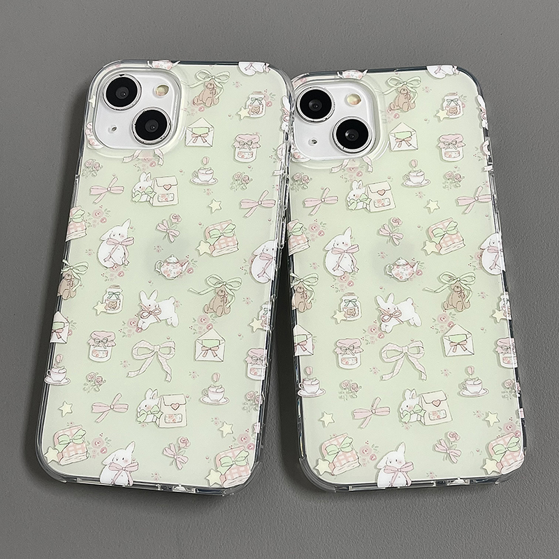 双层imd韩风卡通绿底丝带兔子适用苹果15promax手机壳iPhone13/14新款12小众14pro软边13P少pm全包保护套手链