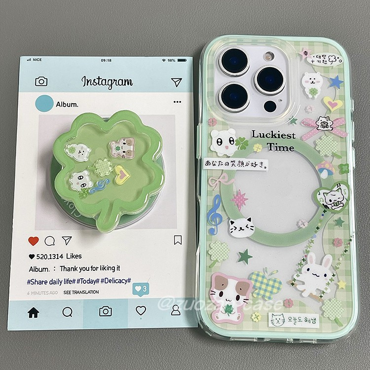 二合一磁吸ins韩风卡通四叶草小猫适用苹果16promax手机壳iphone15pro新款14带支架13女16pro双层全包手机套