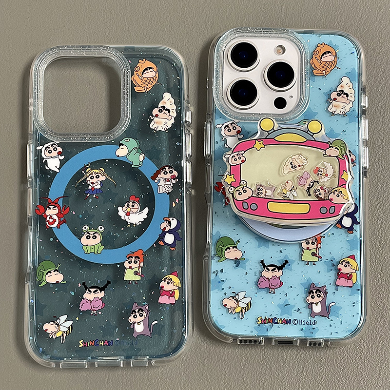 磁吸日系卡通透蓝闪粉蜡笔小新摇摇乐支架适用iphone16手机壳苹果16promax新款15pro女14双层13全包15promax