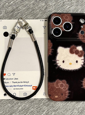 复古涂鸦黑色底棕白色KT猫头像适用苹果17promax手机壳iphone16pro新款15带挂绳14小众13女17全包防摔保护套