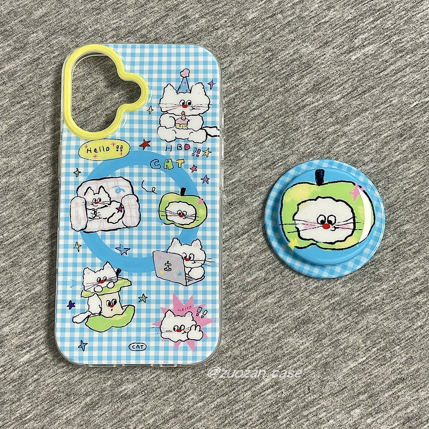 磁吸ins韩风卡通蓝色格子猫咪适用苹果16promax手机壳iphone15pro新款14带支架13女16pro双层全包防摔手机套
