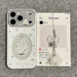 ins韩风白色雪花圣诞树适用苹果17promax手机壳iphone16pro新款 15带挂饰14双层13女17镜头全包防摔保护套高级