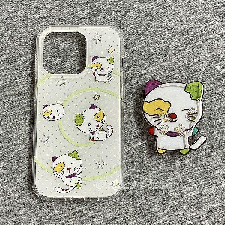 趣味可爱卡通小怪猫适用苹果16promax手机壳iphone15pro新款14女13超火16pro气囊双层全包手机套带摇摇乐支架