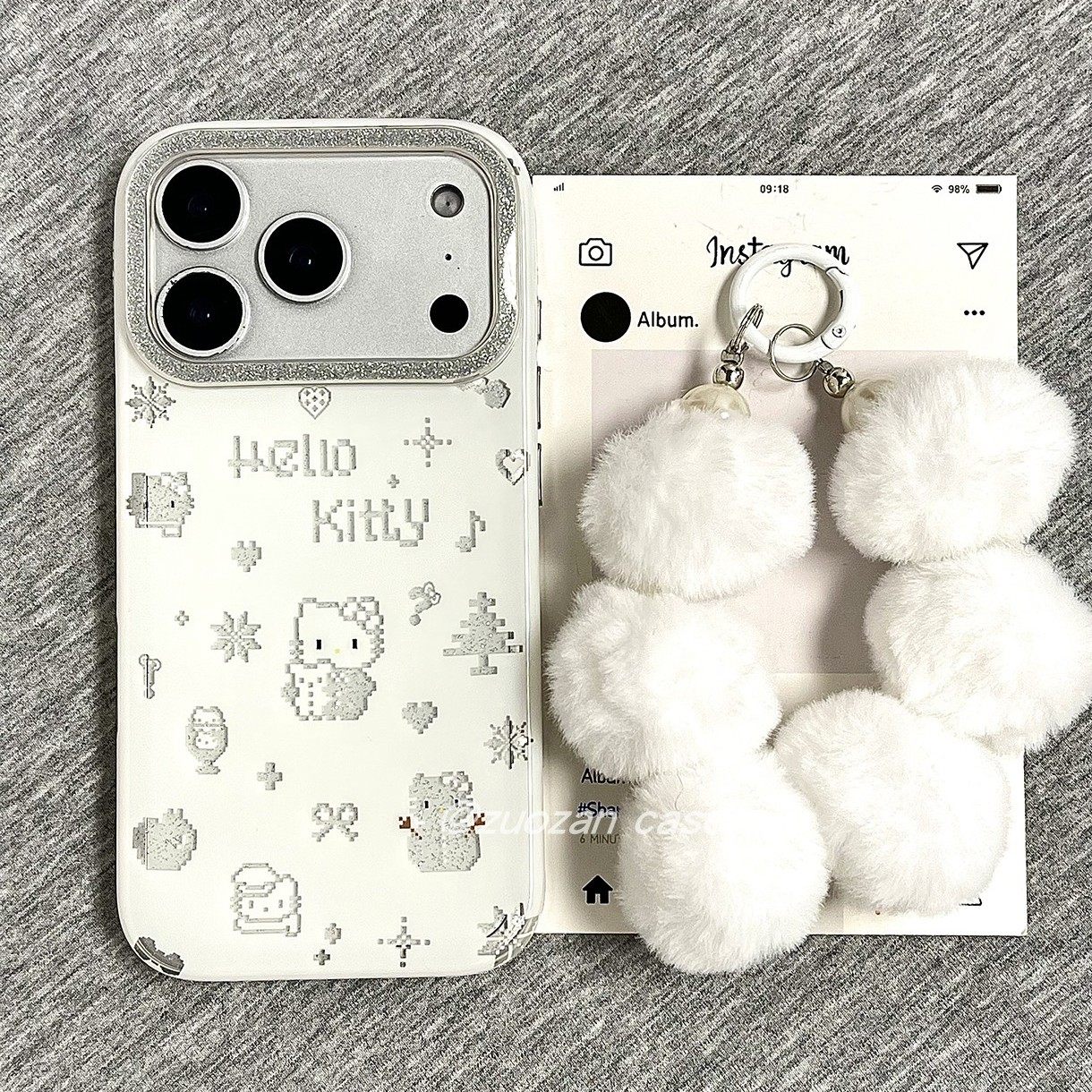 韩风白底闪粉马赛克KT猫适用苹果17promax手机壳iphon