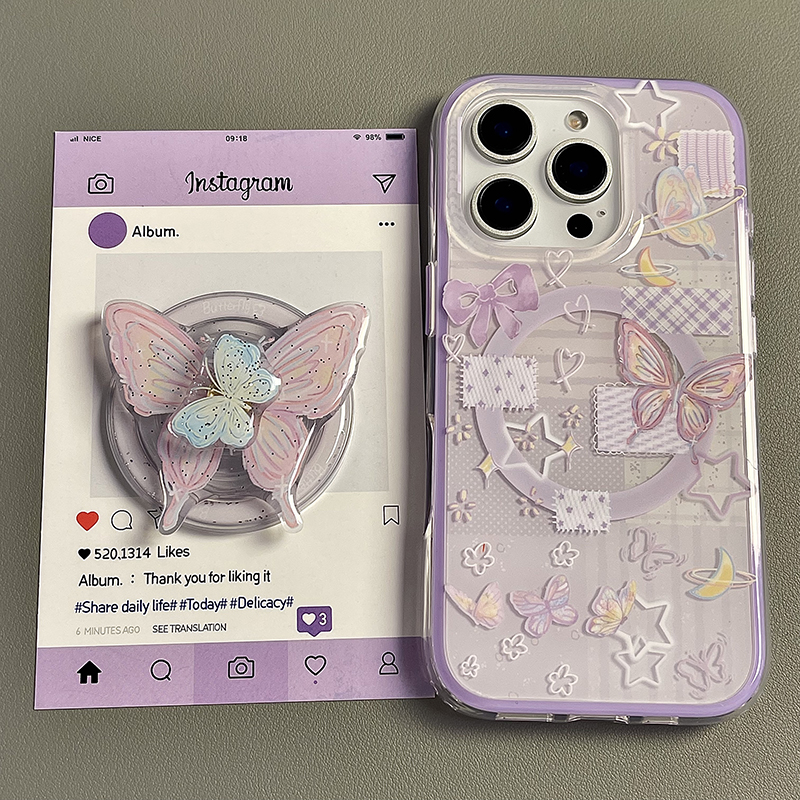 二合一磁吸韩风紫色星星蝴蝶支架适用苹果16promax手机壳iphone15pro新款13女14pro高级感16pro双层手机套
