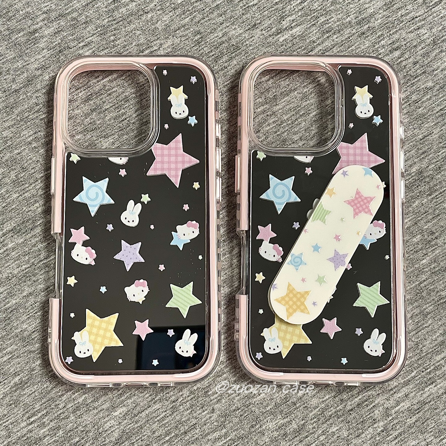 二合一镜面韩风卡通格纹星星KT猫兔子头像适用苹果16promax手机壳iphone15pro新款14粉框13女16pro全包手机套
