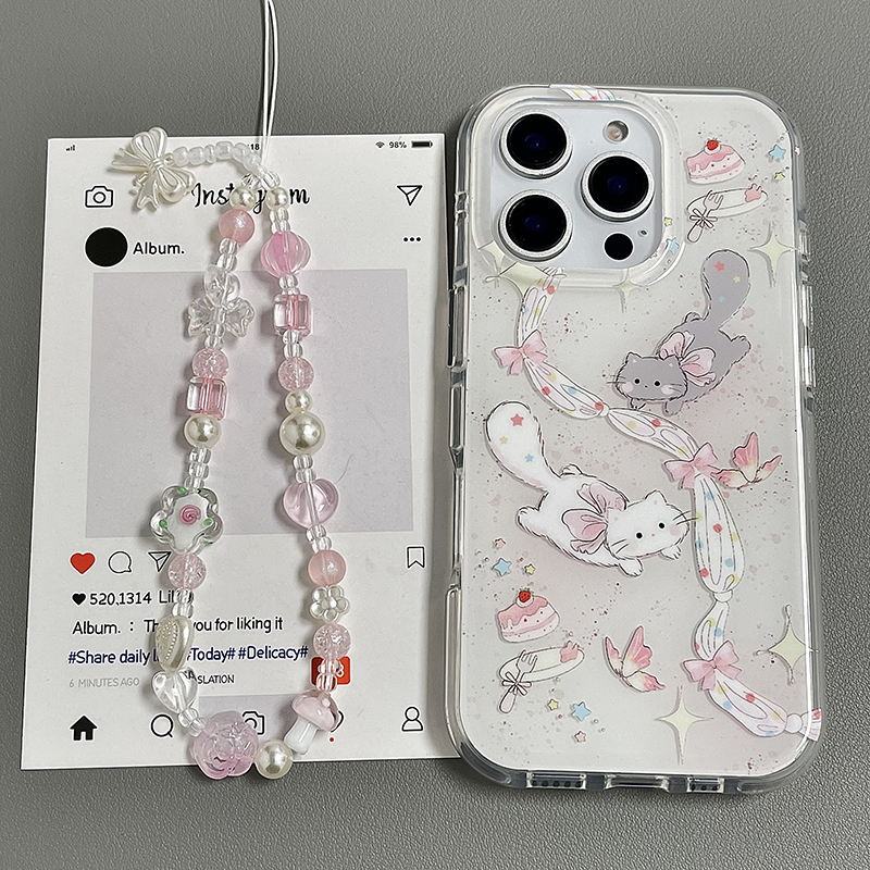 ins韩风粉色泼墨蝴蝶猫咪适用苹果16pro手机壳新款iphone15promax带挂绳14pro圆边双层13女16全包防摔保护套